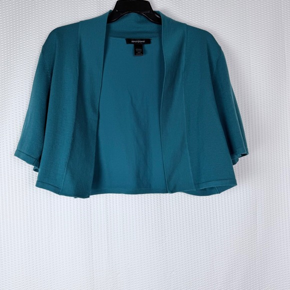 Ashley Stewart Cardigan Sweater Plus 18/20 Teal Open Front Cropped 3/4 Sleeve - Picture 2 of 8